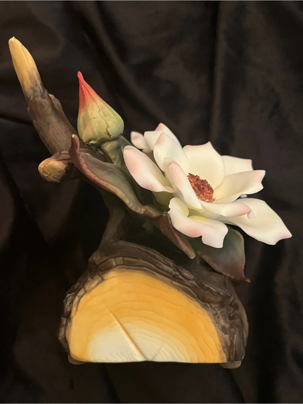 Vintage Porcelain Magnolia Flower Music Box Tree Stump Floral Figurine